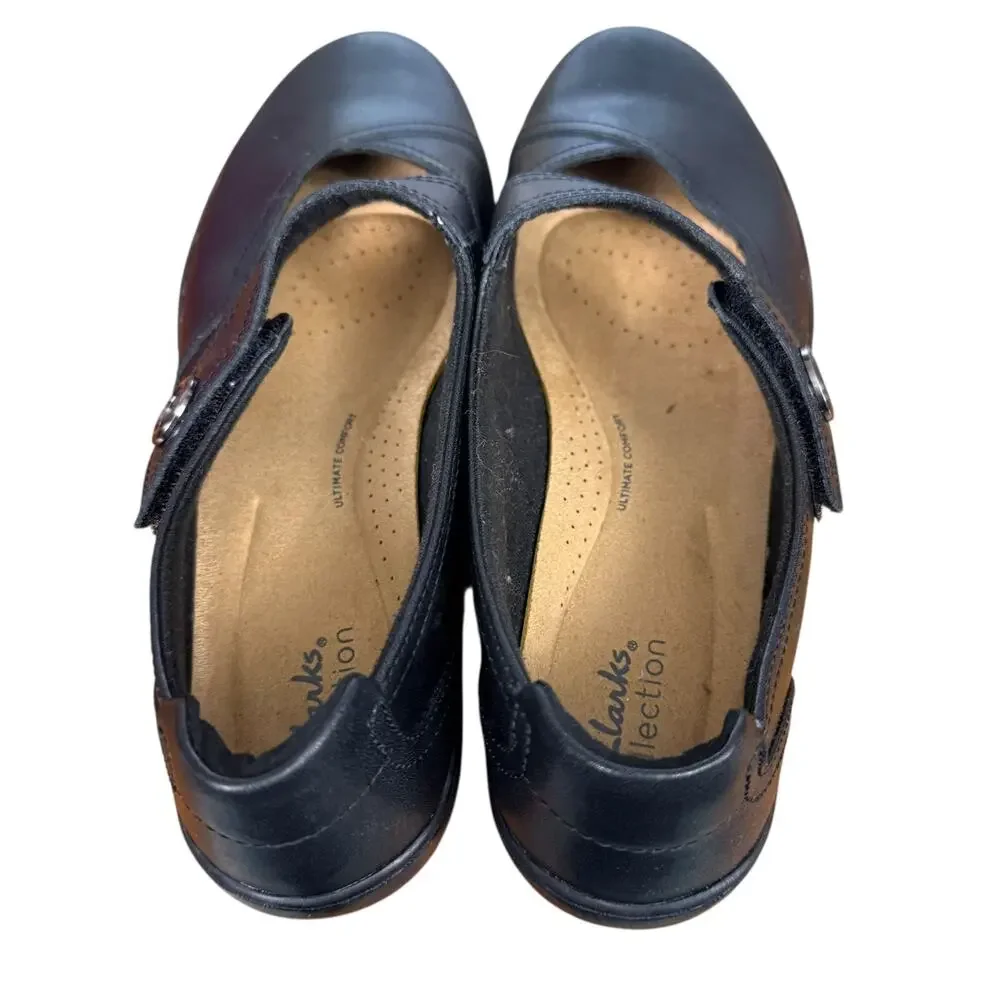 Clarks Collection Cora Dahlia Mary Jane Black Leather Comfort Shoes Loafer 9.5 W